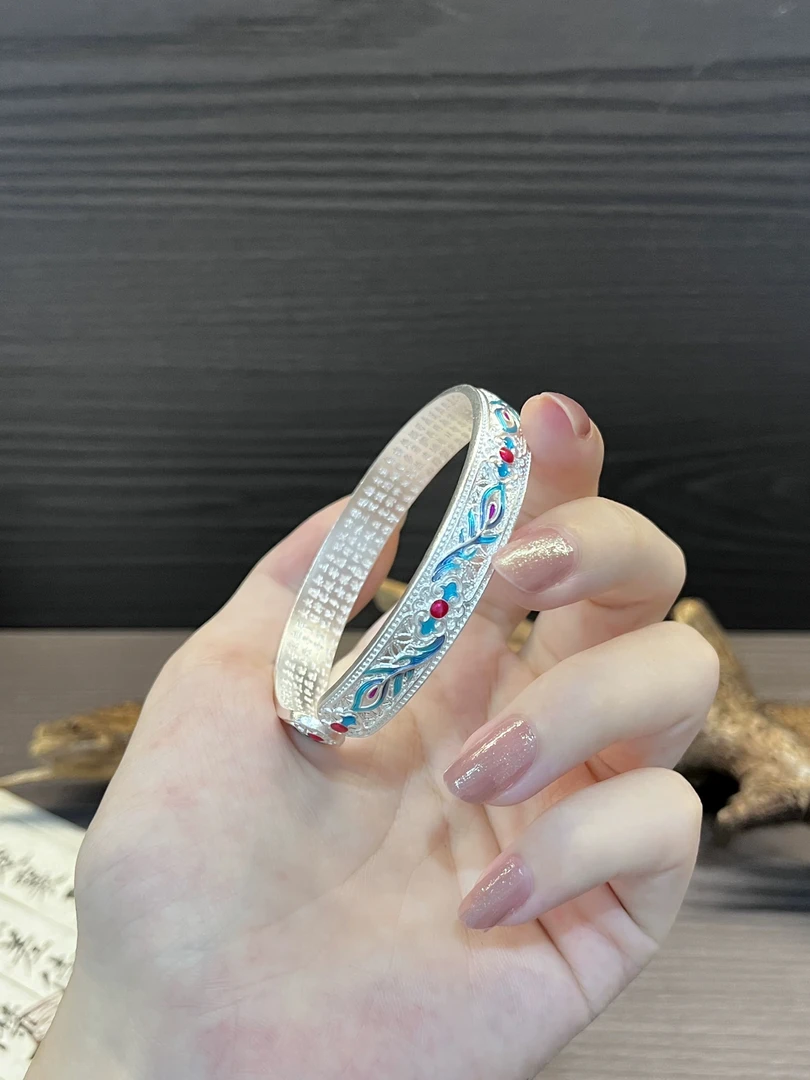 足银手镯 B61足银手镯珐琅彩古法时尚古典风轻奢复古