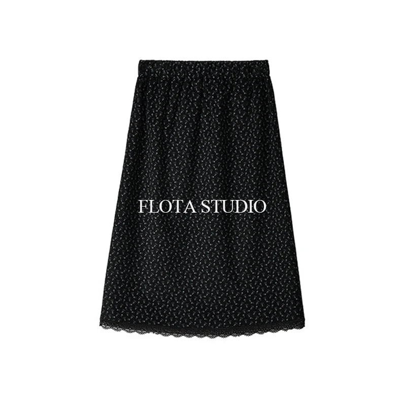 【flota】韩系黑色碎花半身中长裙蕾丝拼接高腰百搭纯棉裙子0075