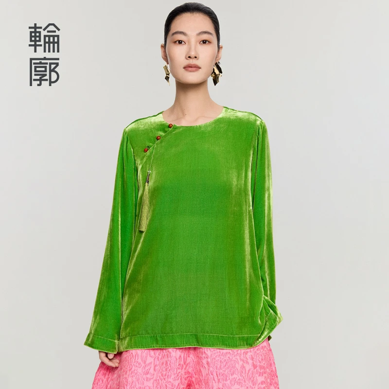 轮廓碧玉L251Y023新中式复古上衣绿色时尚休闲长袖打底春季套头衫