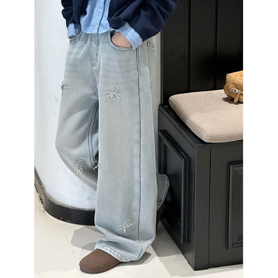 K30340孙小美烫钻女童直筒牛仔裤加绒加厚裤秋冬2025新款儿童裤子