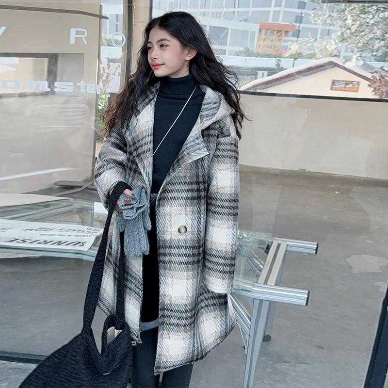 【嘻嘻柚】女童韩系格子毛呢连帽大衣2025秋冬中长款高级感加厚外套