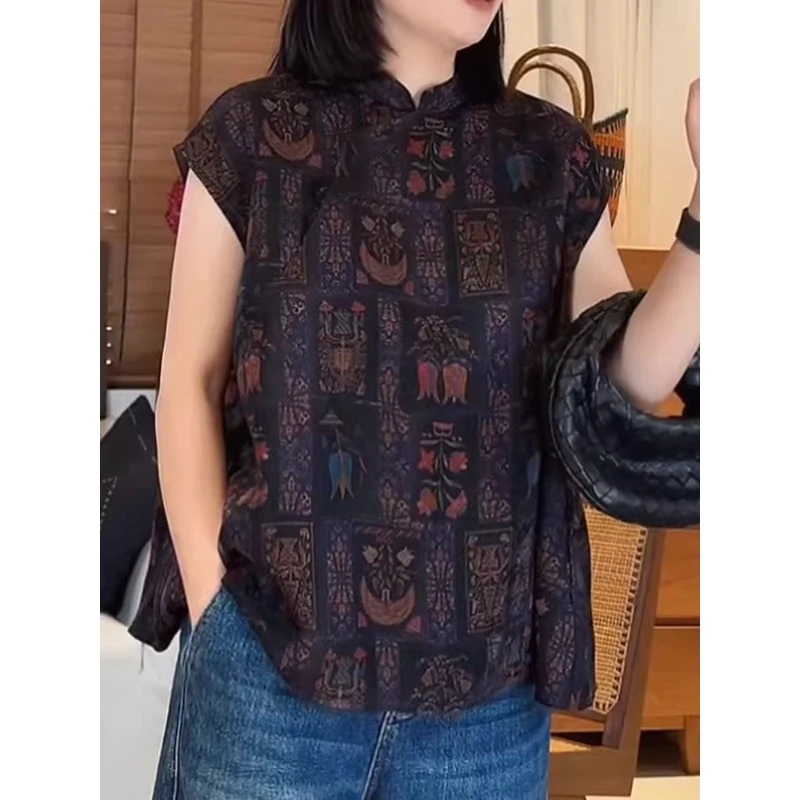 新中式国风立领盘扣衬衫女夏季宽松大码复古斜襟印花茶服无袖上衣