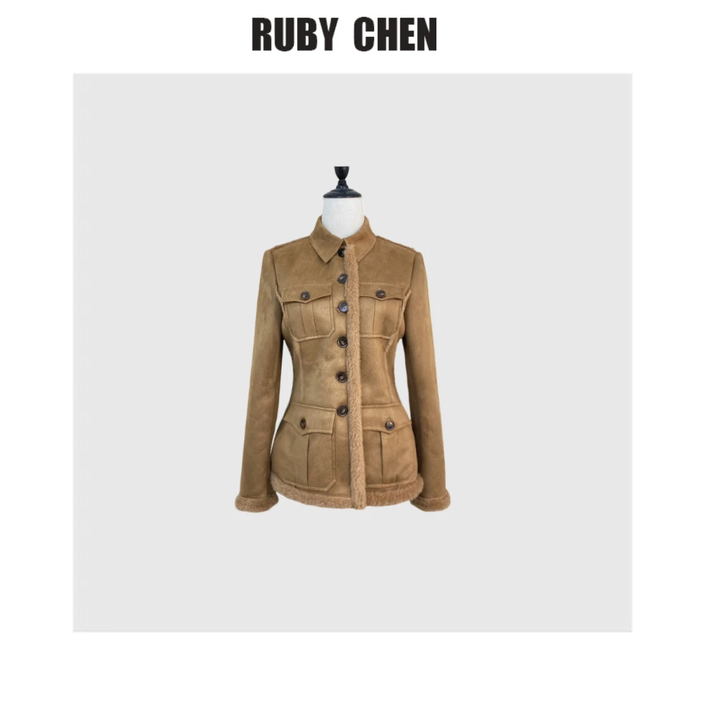 口袋老钱风单排扣保暖加厚皮毛一体短外套女2024新品