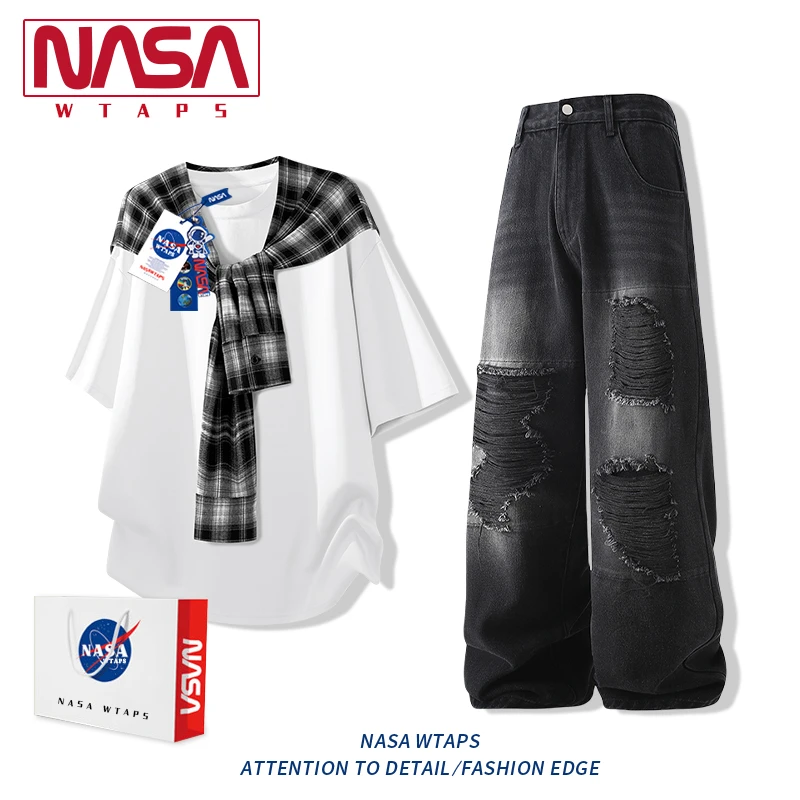 NASA WTAPS休闲运动套装男春秋季宽松披肩T恤搭配牛仔裤一整套潮