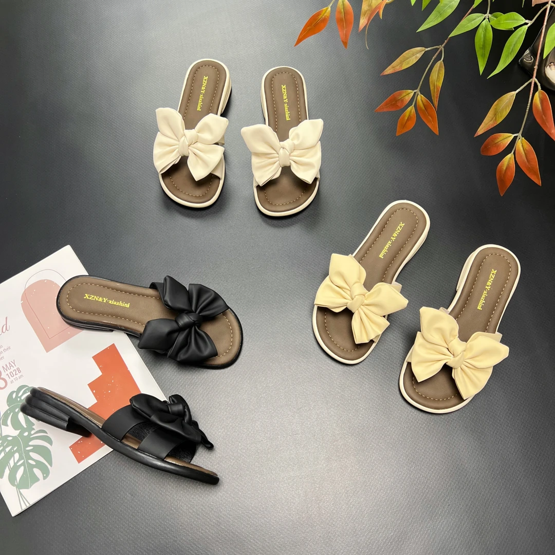 法式蝴蝶结温柔低跟拖鞋女2025春夏新款软底凉拖鞋海边外穿一字拖