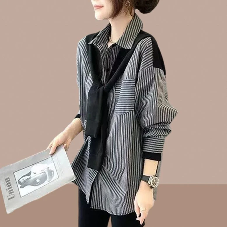 大码韩系减龄条纹翻领长袖衬衫女2026秋季新款胖mm显瘦假两件上衣