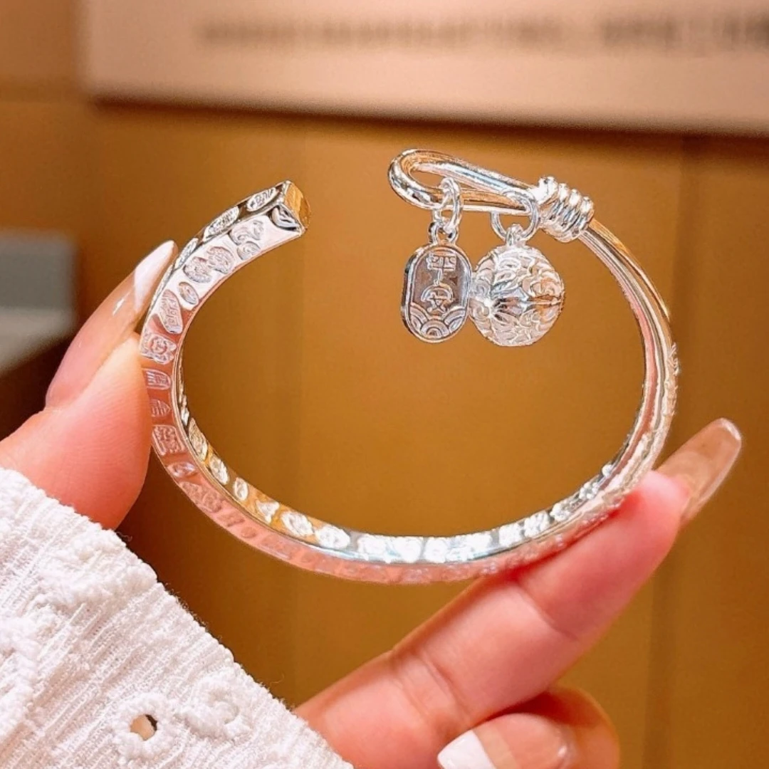 足银手镯 足银999.9吉言四方卷尾宫玲平安手镯女新款时尚纯银手镯