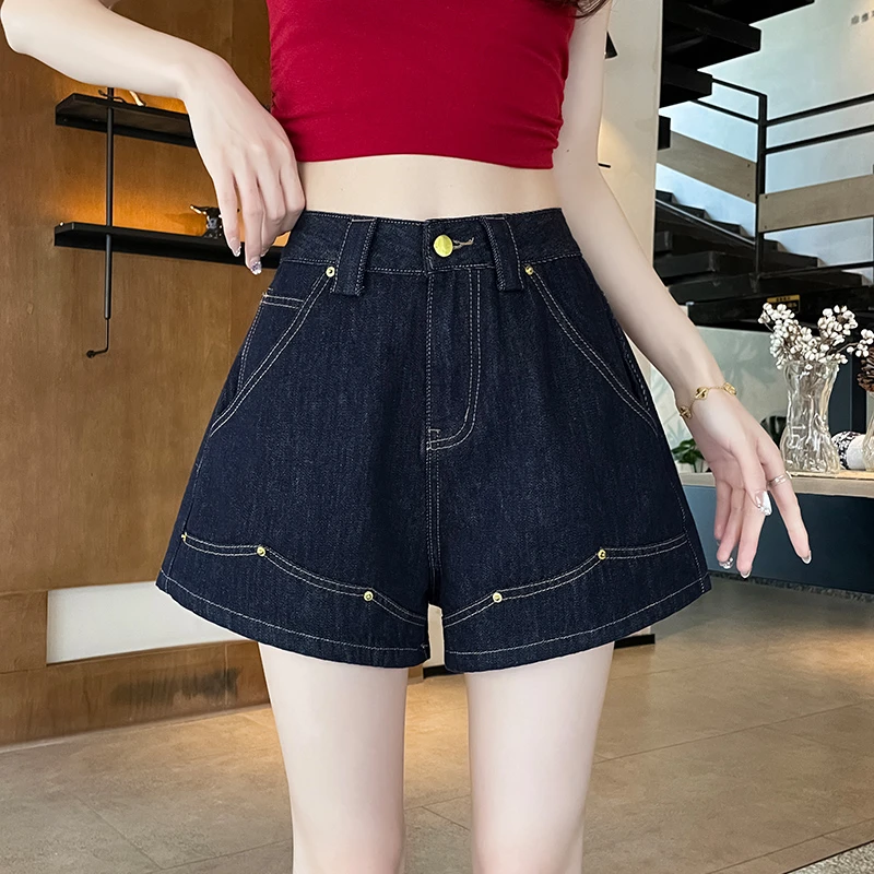 丹宁色牛仔短裤女夏季薄款a字高腰宽松小个子阔腿热裤子拼接小众