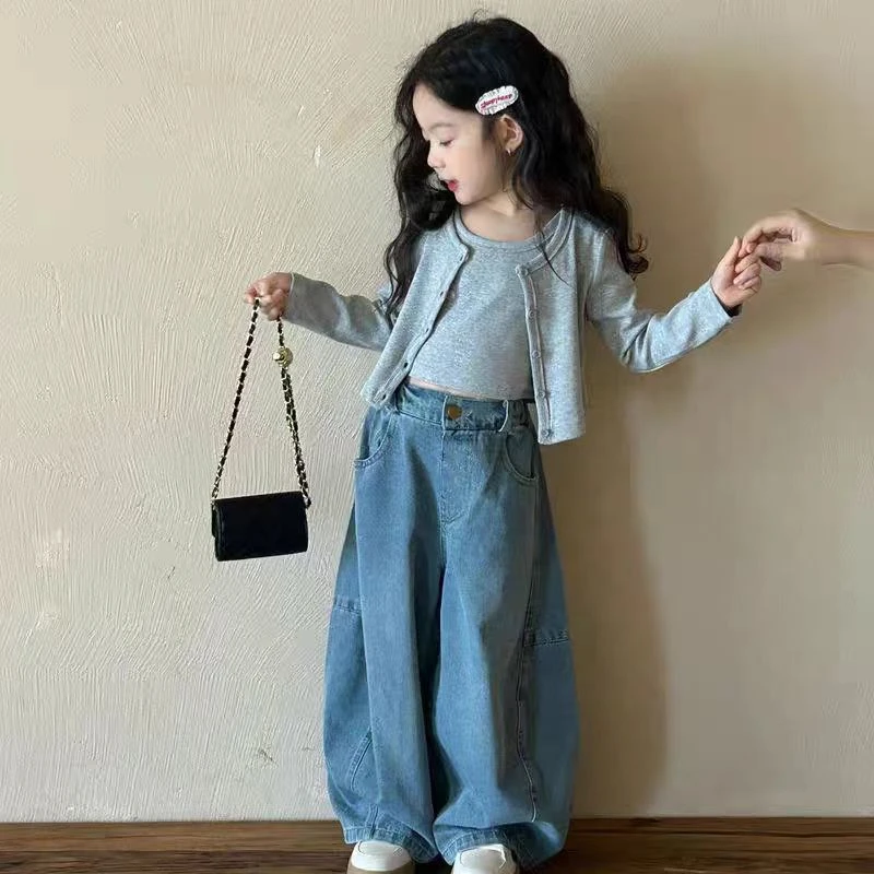 女童春装套装2025新款洋气儿童短款长袖开衫背心牛仔裤女宝宝春秋