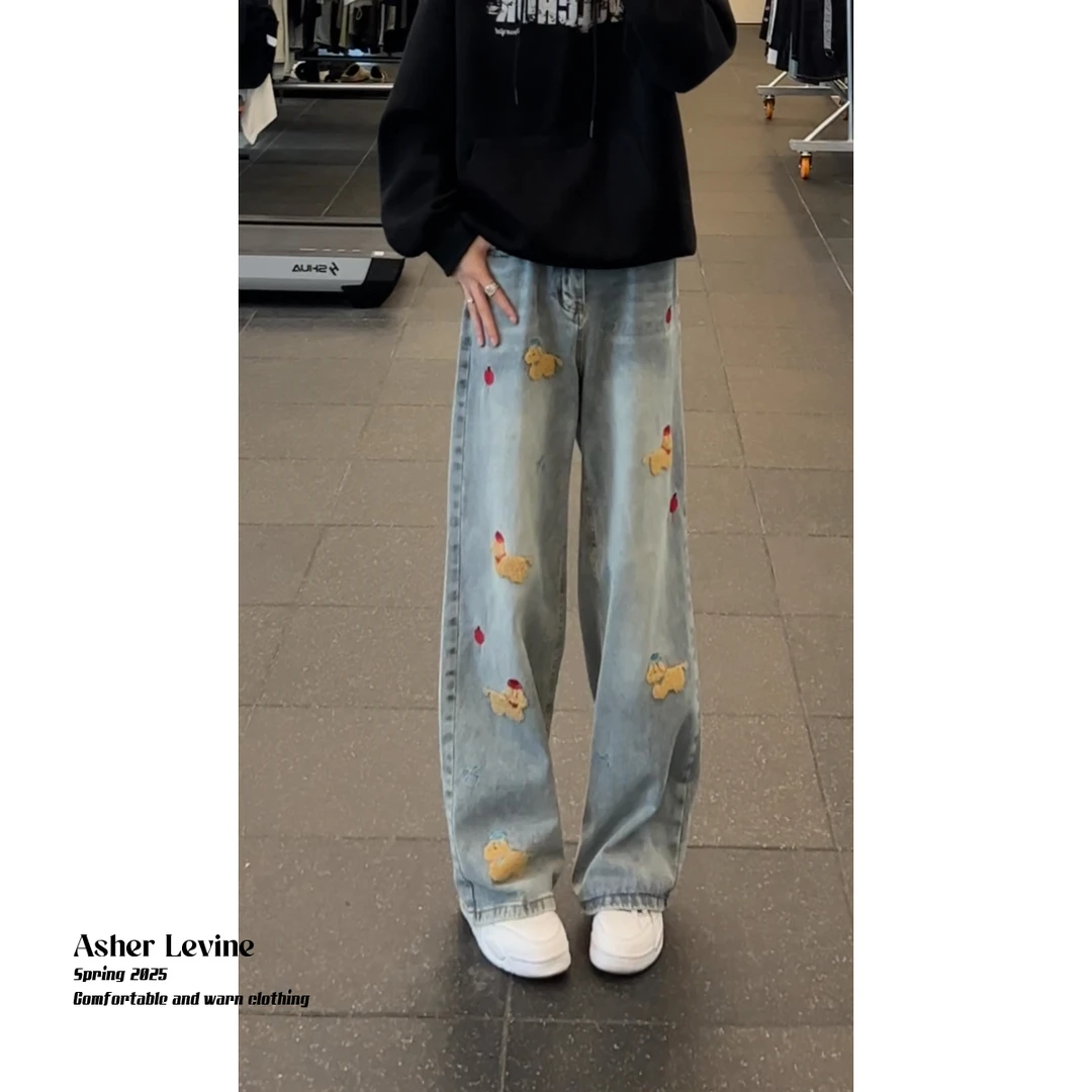 水洗做旧卡通腊肠狗立体刺绣阔腿牛仔裤男秋季宽松显瘦直筒长裤子