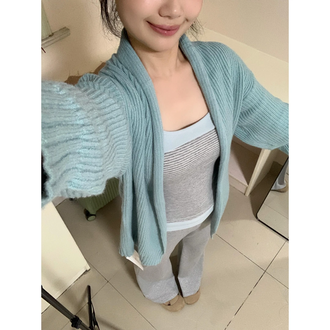 韩版性感条纹吊带睡衣女款秋冬毛衣针织长裤家居服开衫外套三件套