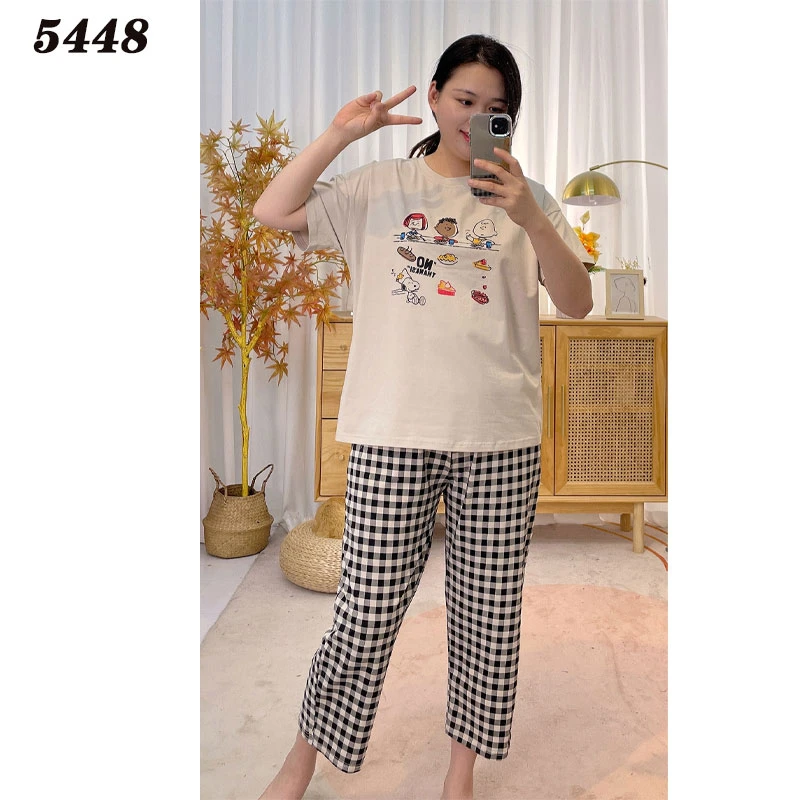 【95棉】女拉架棉套头短袖八分裤 小狗小熊 格子-5448/5449-A