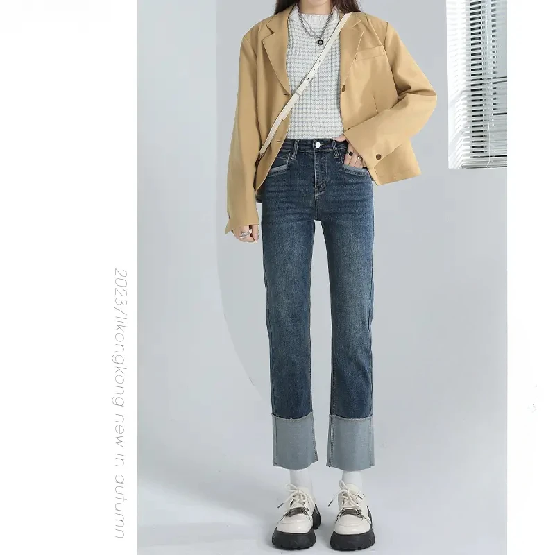 裤子爆款卷边直筒牛仔裤女爆款2025新款裤子百搭裤子设计感烟管裤