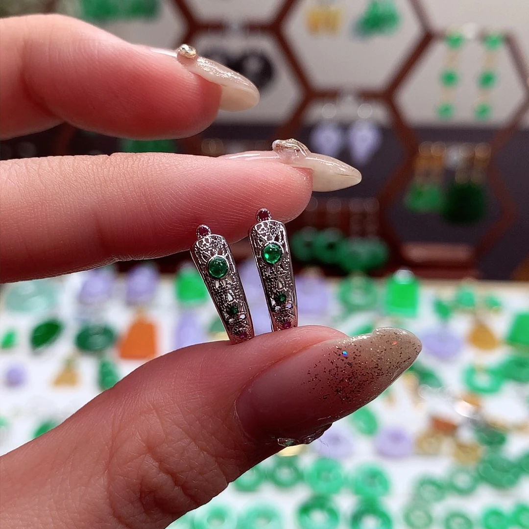 翡翠耳饰银S925镶嵌天然翡翠耳包