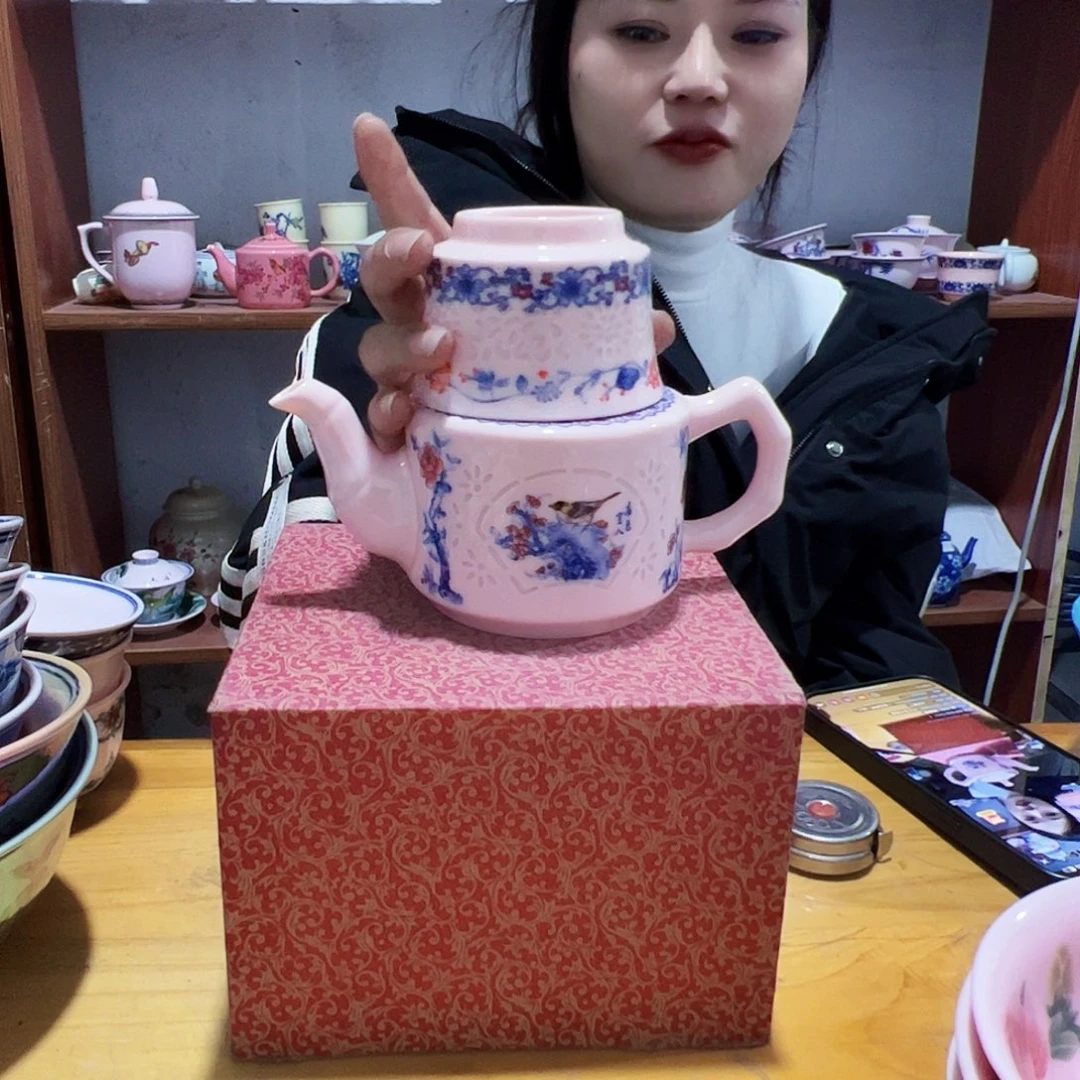 摆件瓷景德镇红xixi开窗花鸟一壶一杯