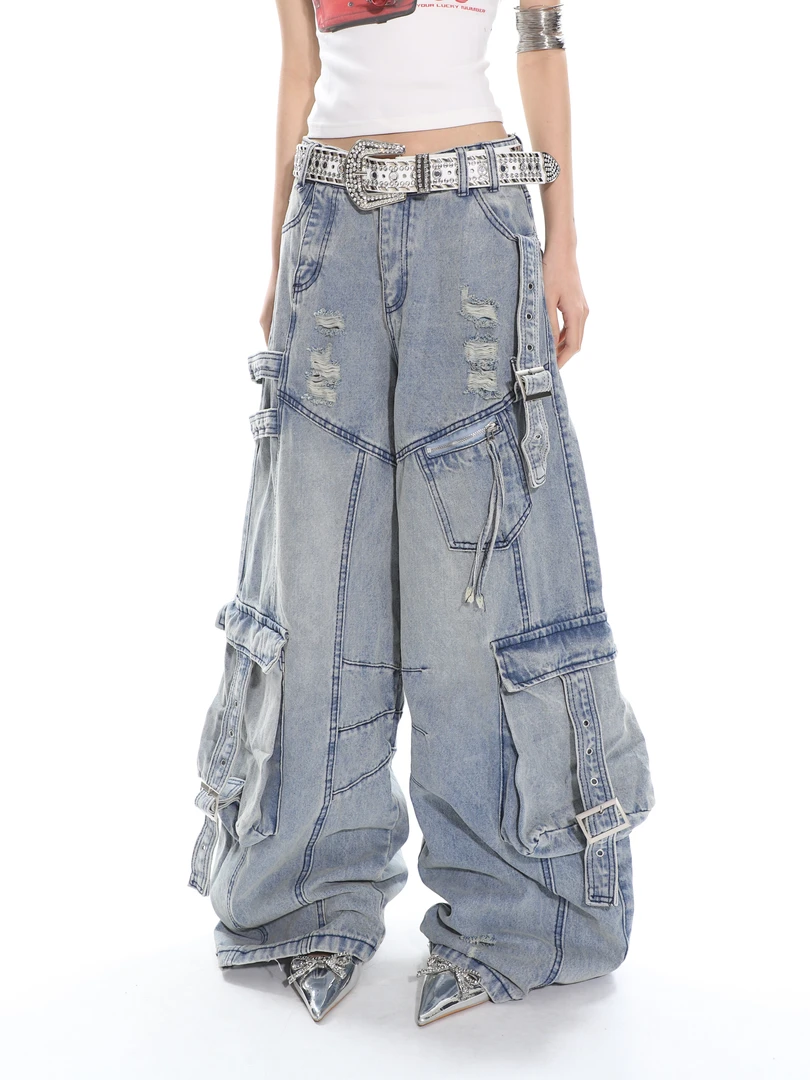 4Foeie  水洗多口袋磨破工装牛仔裤女宽松阔腿拖地长裤