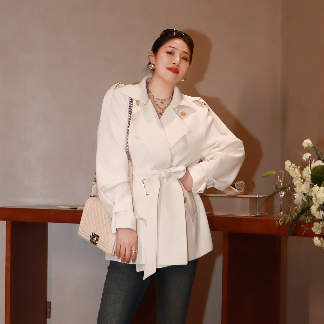 多肉宝贝带腰带气质外套女微胖MM穿英伦风中长款外套XL24059