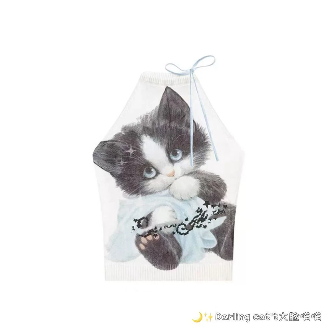 大脸喵 猫咪印花白色无袖上衣系带挂脖针织吊带背心女