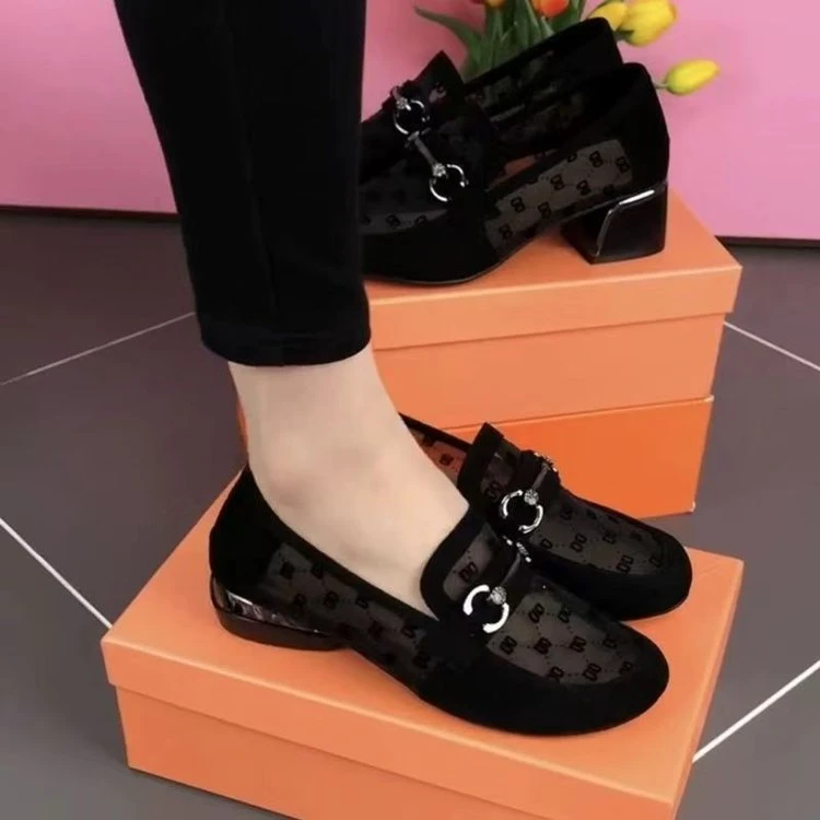 百搭单鞋夏季平底女鞋软底低帮鞋圆头低跟(1-3cm)中口网纱粗跟一