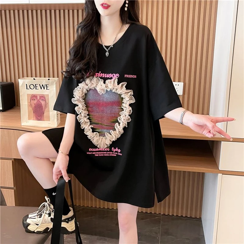 高级感黑色纯棉遮屁股洋气短袖体恤衫女夏季新爆款中长款减龄上衣
