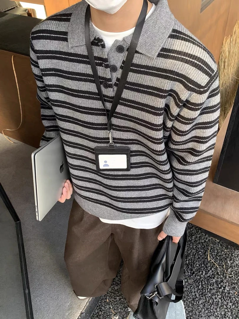 翻领毛衣男款2025新款秋冬季休闲条纹polo领针织衫男装加厚套头潮
