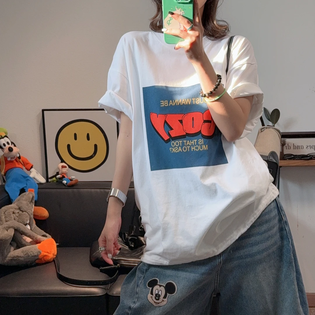 2025夏新款设计款卡通圆领五分袖T恤女隐藏口袋下摆抽绳宽松显瘦