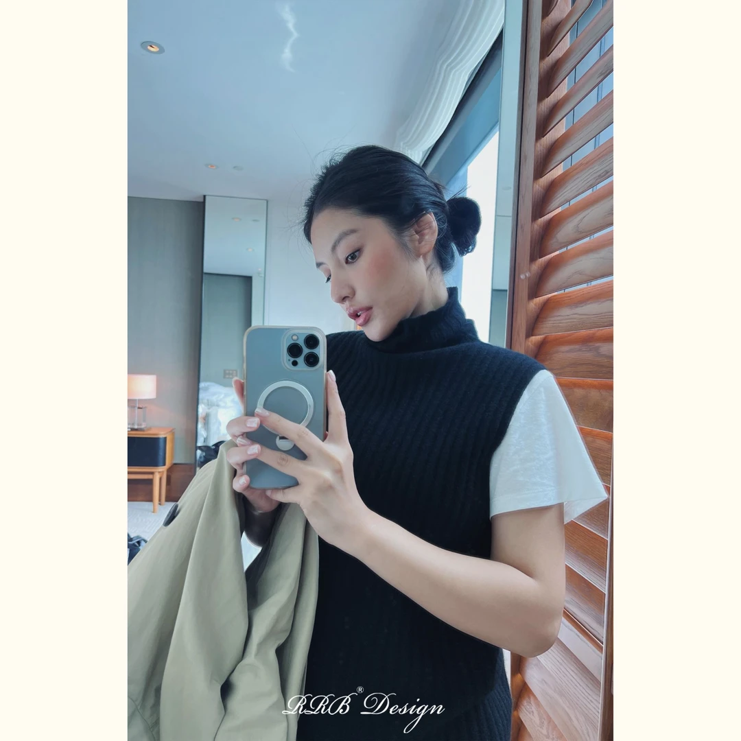 RRB Design「致敬经典」100山羊绒修身显瘦背心百搭堆领无袖上衣