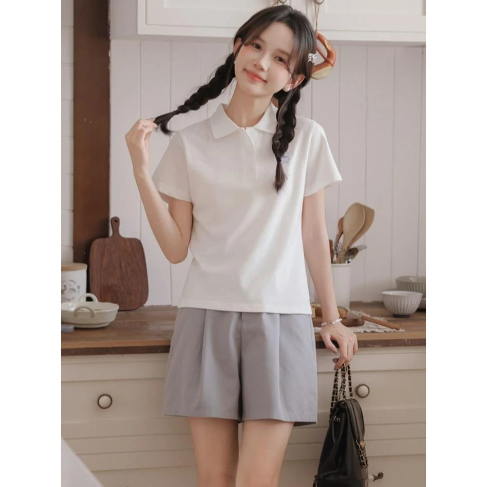 小清新polo刺绣卡通图案短袖T恤女夏季新款小清新甜美减龄上衣女