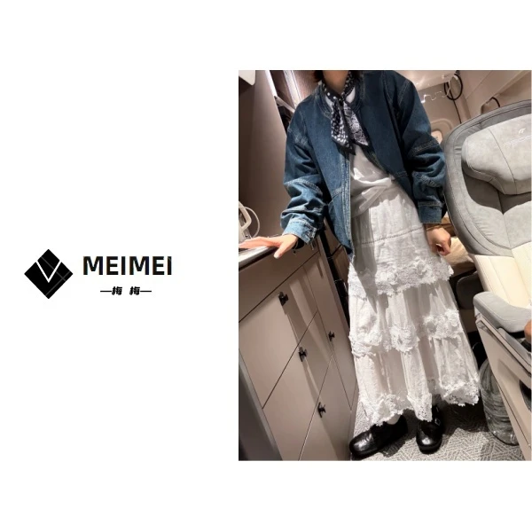 XMM.《苎麻蕾丝半身裙》春季新款潮流裙百搭洋气时尚百搭蕾丝花边裙