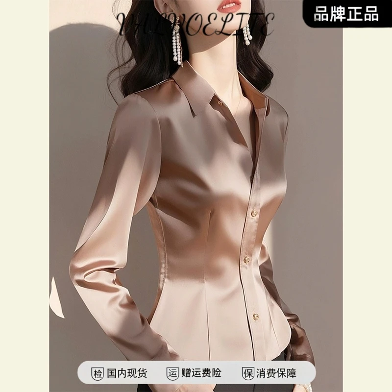 法式秋季独特漂亮小众轻奢减龄洋气高级感咖色醋酸缎面长袖衬衫女