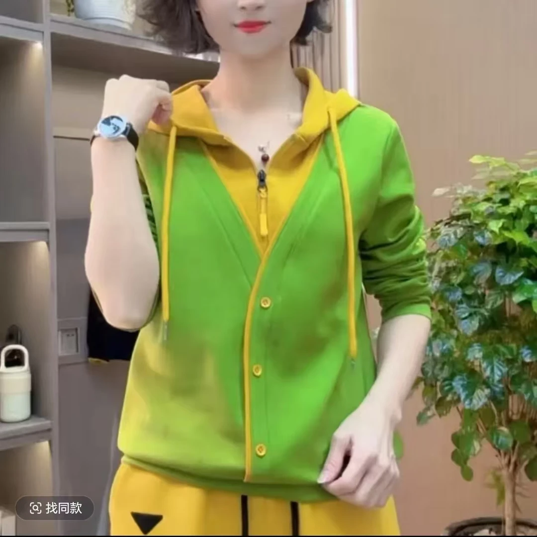 2025春秋时尚洋气潮流新品连帽拉链撞色简约百搭显瘦上衣休闲