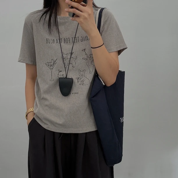 美芽 5月22日10:30am直播上新 【冰椰拿铁】灰咖色猫咪印花短袖T恤