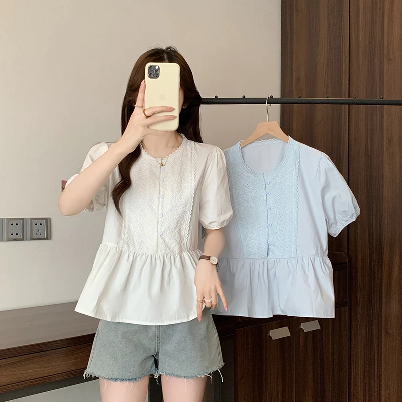 【小可爱专属】2025夏装新款女法式甜美蕾丝泡泡袖小衫短袖上衣