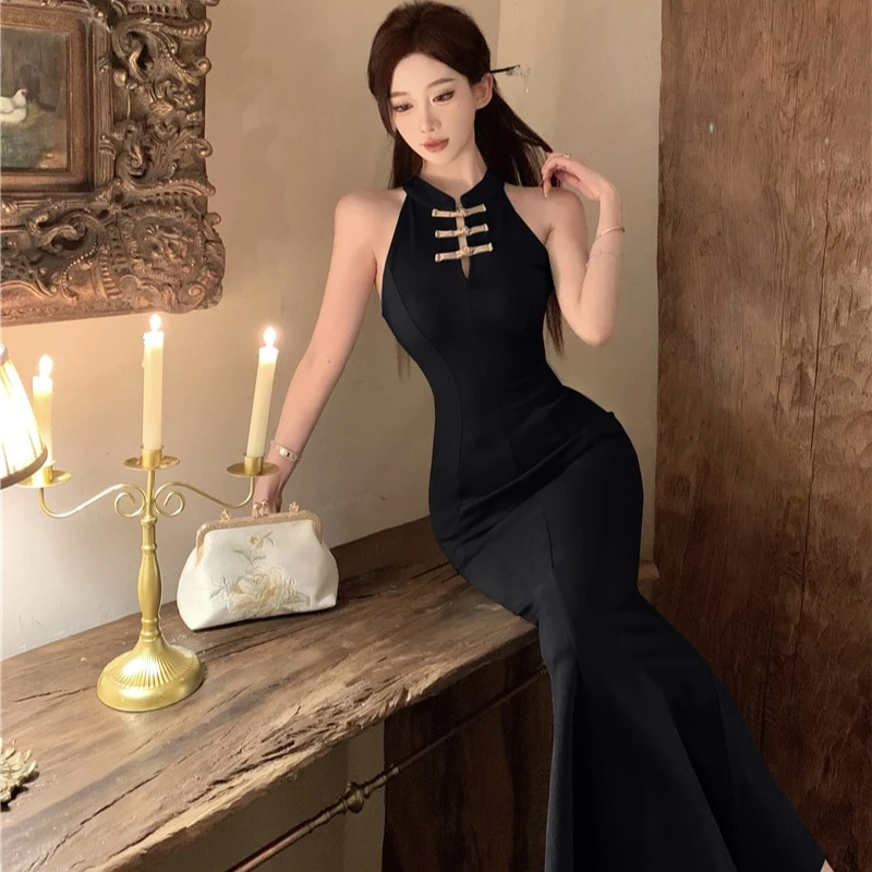 国风新中式改良旗袍连衣裙气质名媛高级感修身包臀鱼尾礼服裙夏女