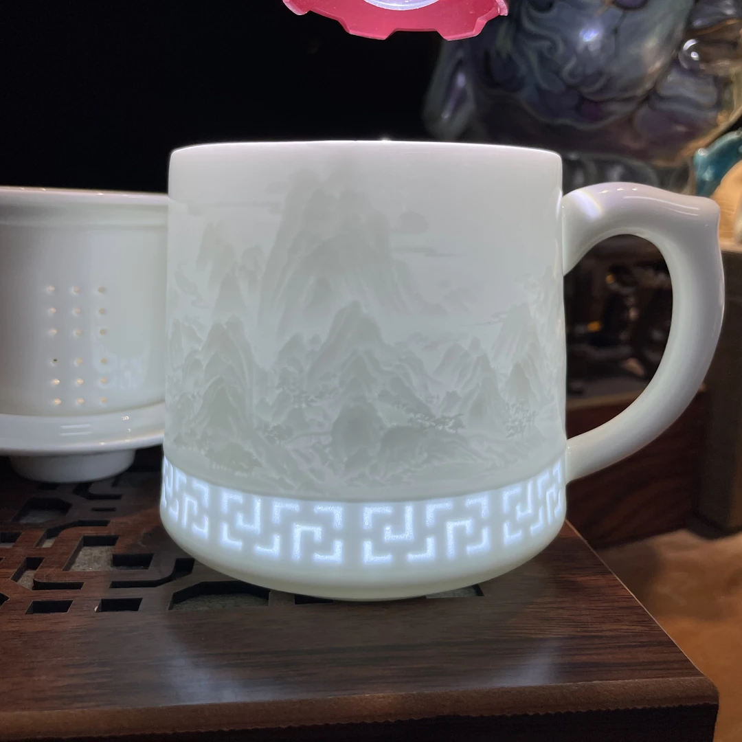 景德镇陶瓷影青山水玲珑图浮雕茶杯家用办公室高档马克杯