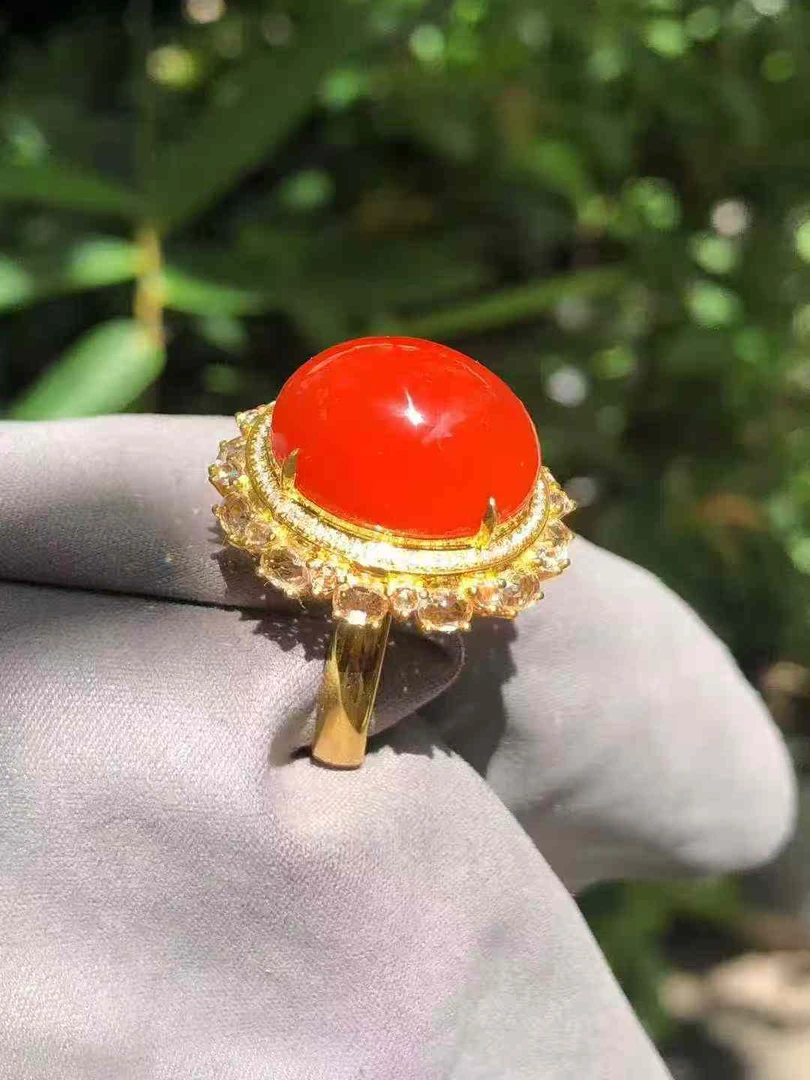 玮蔓珠宝 精品原矿保山南红18K金镶嵌冰红女戒戒指轻奢精致高雅