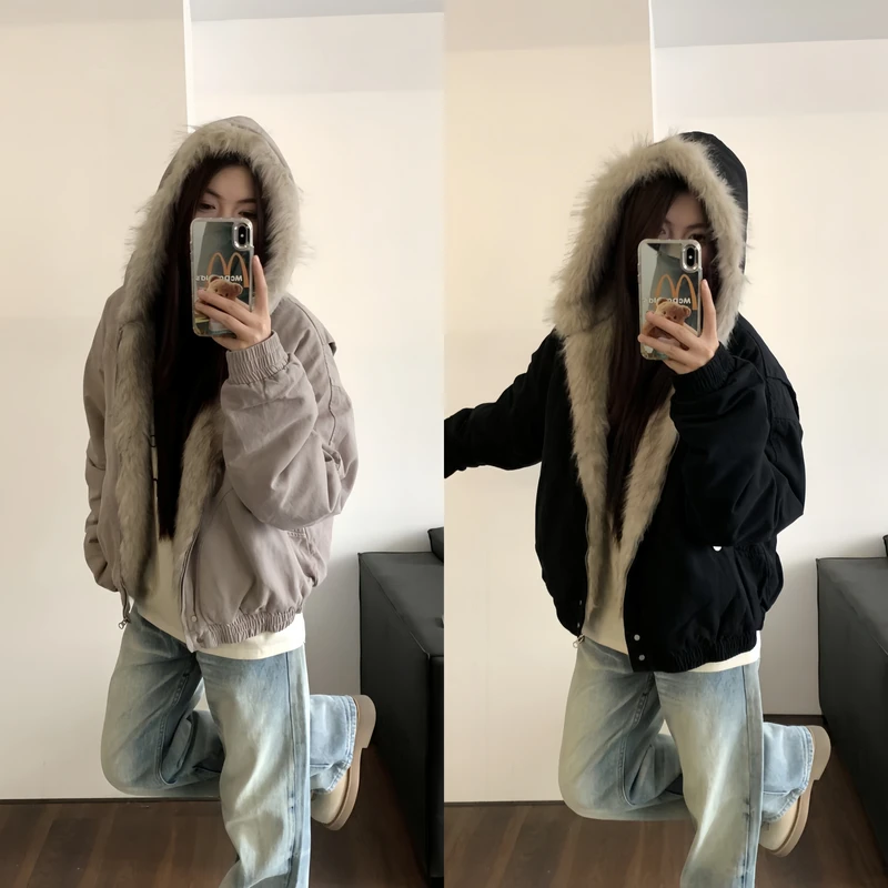 AMER 国潮美式冬季短款毛领棉服复古拉链连帽外套