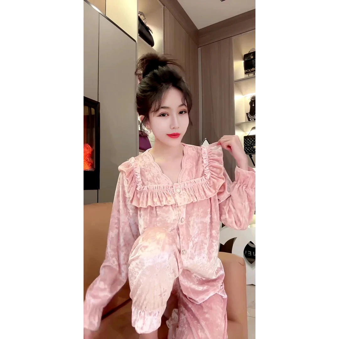 欧货奢华拼接蕾丝长袖长裤绒感睡衣家居服