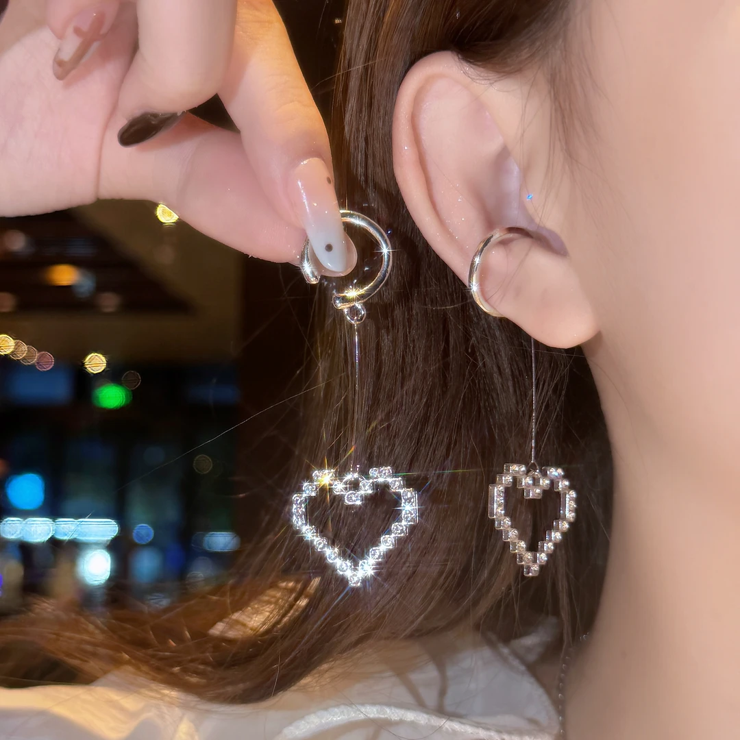 铜合金耳饰 镂空爱心满钻耳夹无耳洞女吊坠耳挂式耳环耳骨夹商品图