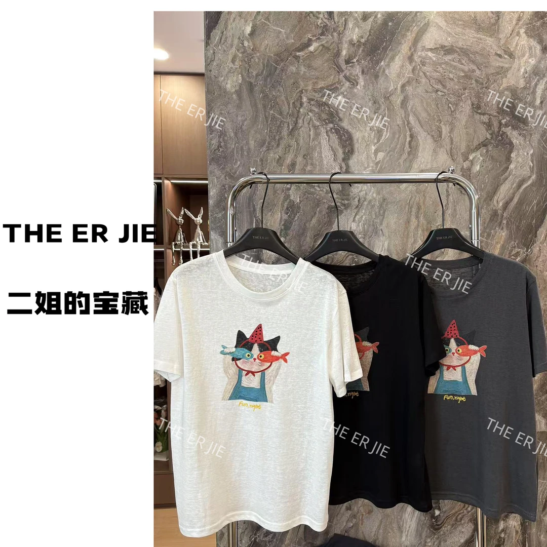 二姐的宝藏春夏休闲圆领短袖小猫印花百搭减龄韩系T恤#25143