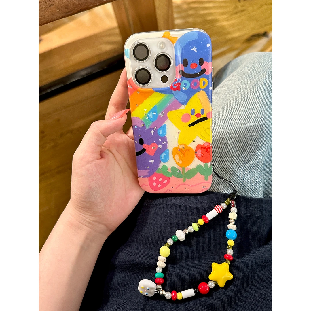 适用苹果16手机壳iPhone15/14promax涂鸦彩虹星星云朵手机保护套