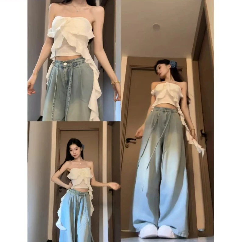 2025夏季新款荷叶边花朵无袖抹胸纯欲性感修身白色上衣牛仔裤套装