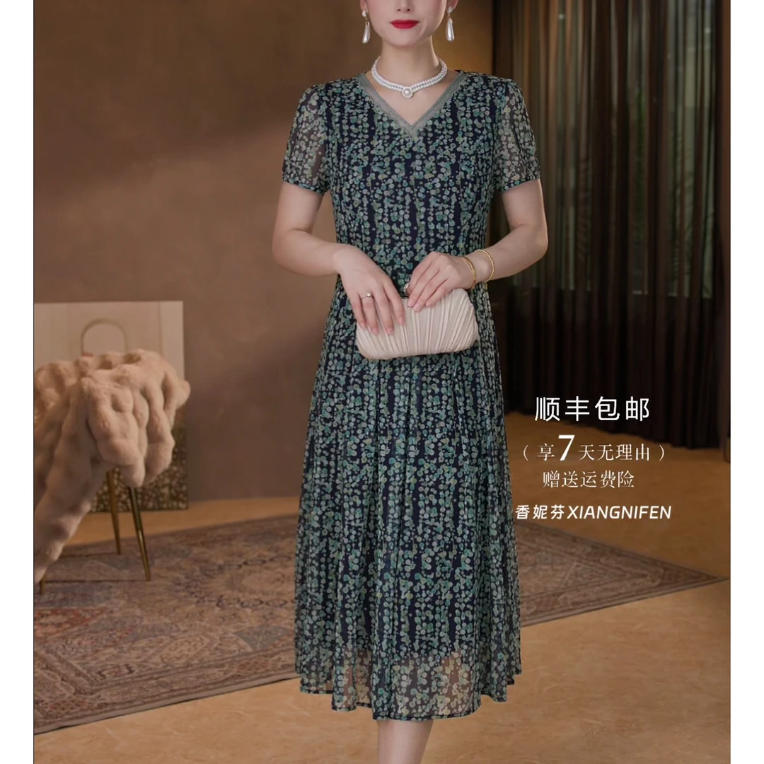 【香妮芬】83308高档弹力台湾纱妈妈连衣裙女夏季新款显瘦大码