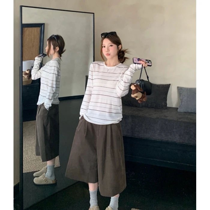 圆领撞色条纹长袖T恤女秋季宽松休闲薄款上衣高腰阔腿九分裤套装