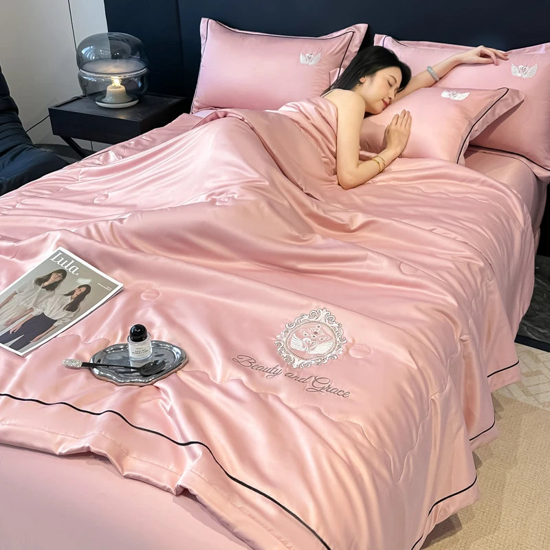 水星新家纺2025新款冰丝刺绣夏被床盖四件套夏凉被裸睡丝滑夏被