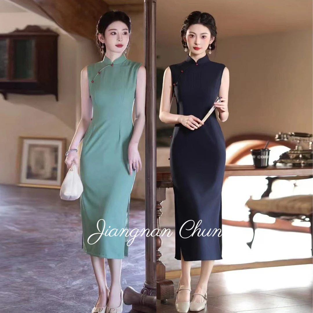 【红豆双色】衣长120新中式春夏新无袖复古国风中式长款曳地旗袍