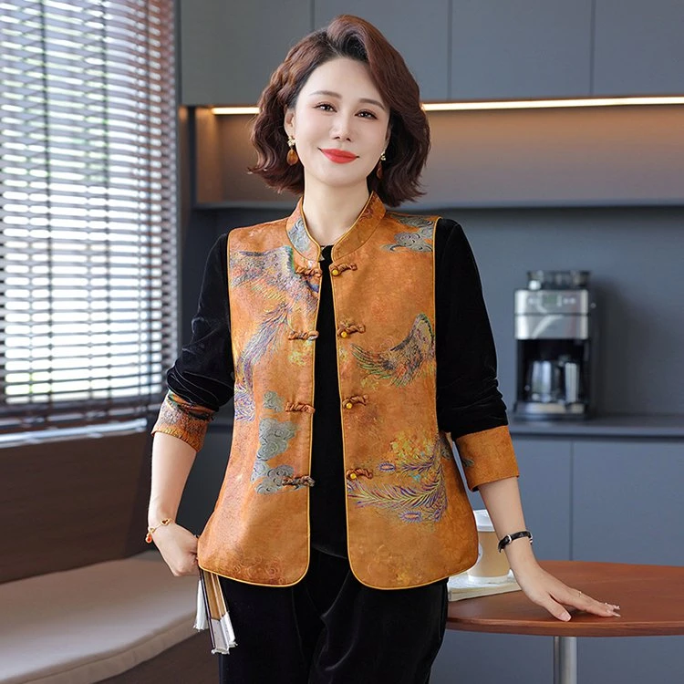 妈妈秋装新中式马甲外套中老年女装国风长袖衬衫上衣丝绒三件套装