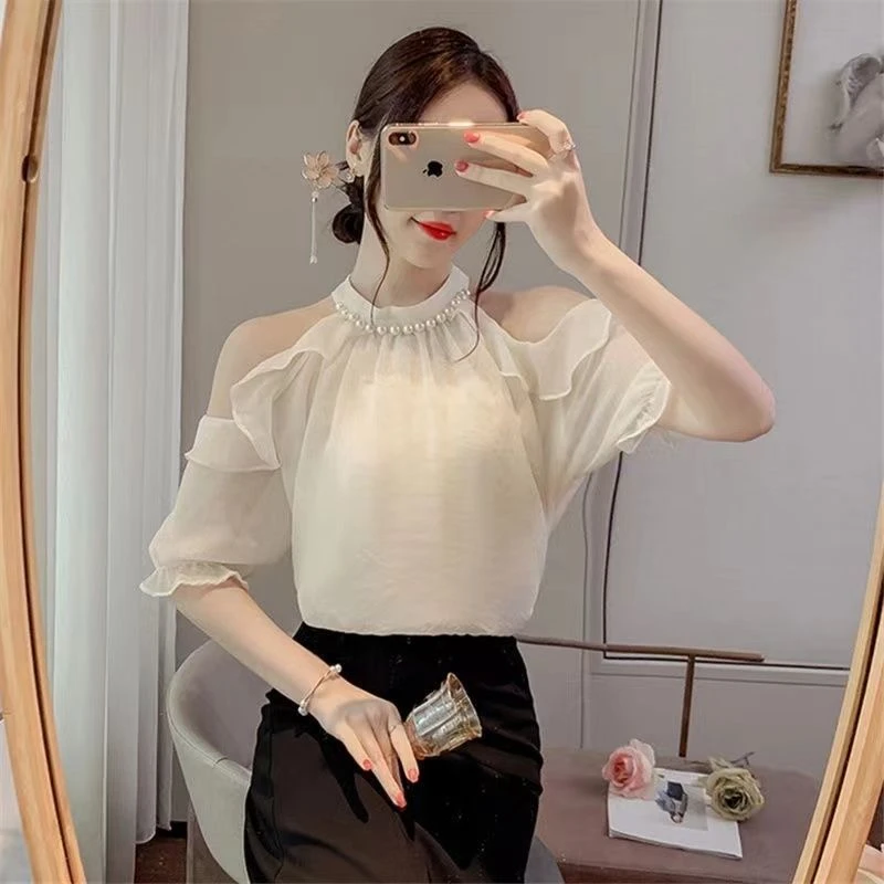 法式珍珠挂脖露肩雪纺衬衫女夏季新款荷叶边喇叭短袖职场气质小衫