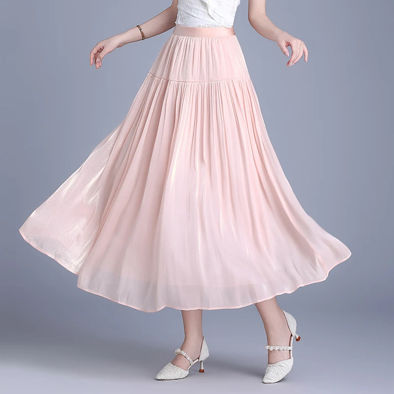 粉色珠光纱半身裙女2025新款夏季中长款胖mm显瘦a字垂感大摆裙