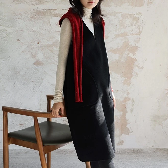 尘染·80支澳洲羊毛·双面呢V领背心裙女冬装气质减龄叠穿连衣裙